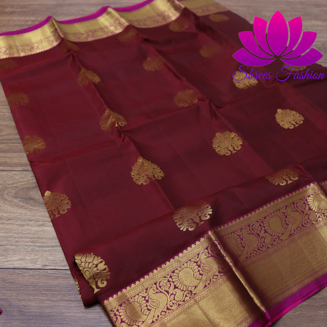 Exquisite Pure Silk Saree in Maroon with Pink Pallu | Online Silk Sarees Melbourne - Shrees  Fashion Australia