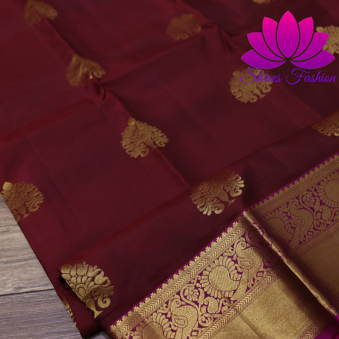 Exquisite Pure Silk Saree in Maroon with Pink Pallu | Online Silk Sarees Melbourne - Shrees  Fashion Australia