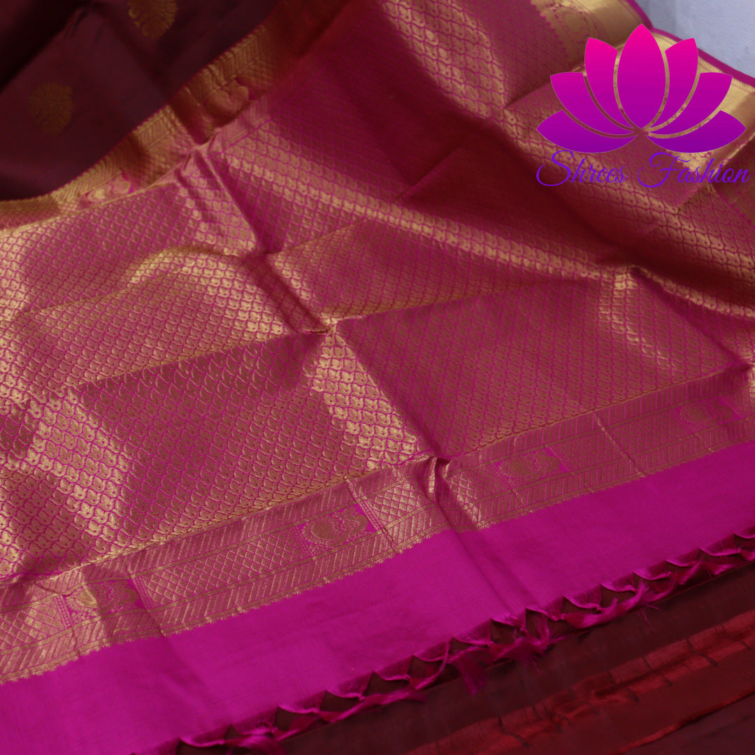 Exquisite Pure Silk Saree in Maroon with Pink Pallu | Online Silk Sarees Melbourne - Shrees  Fashion Australia