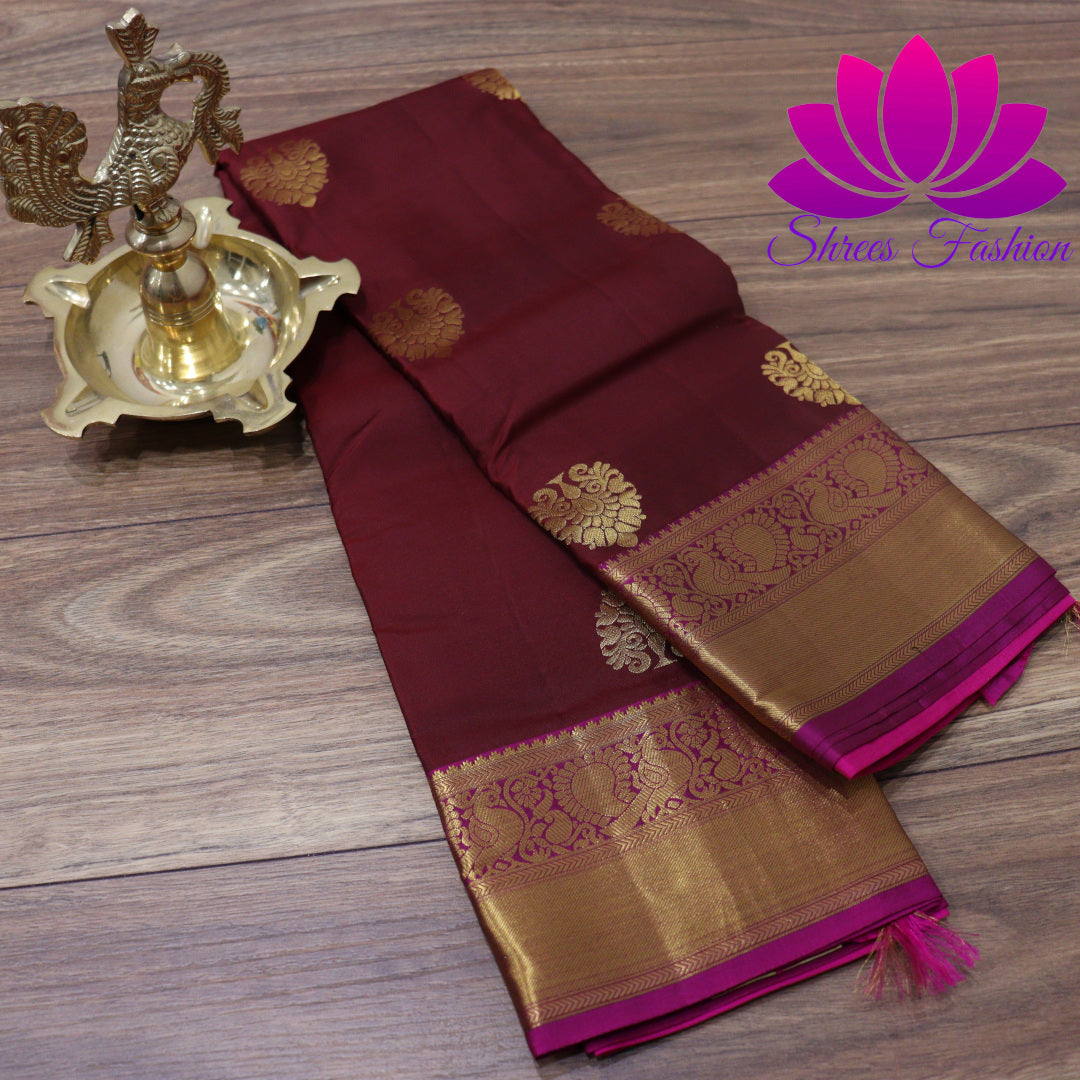 Exquisite Pure Silk Saree in Maroon with Pink Pallu | Online Silk Sarees Melbourne - Shrees  Fashion Australia