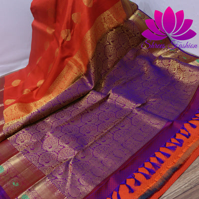 Exquisite Pure Silk Saree in Orange with Violet Pallu | Online Silk Sarees Melbourne - Shrees  Fashion Australia