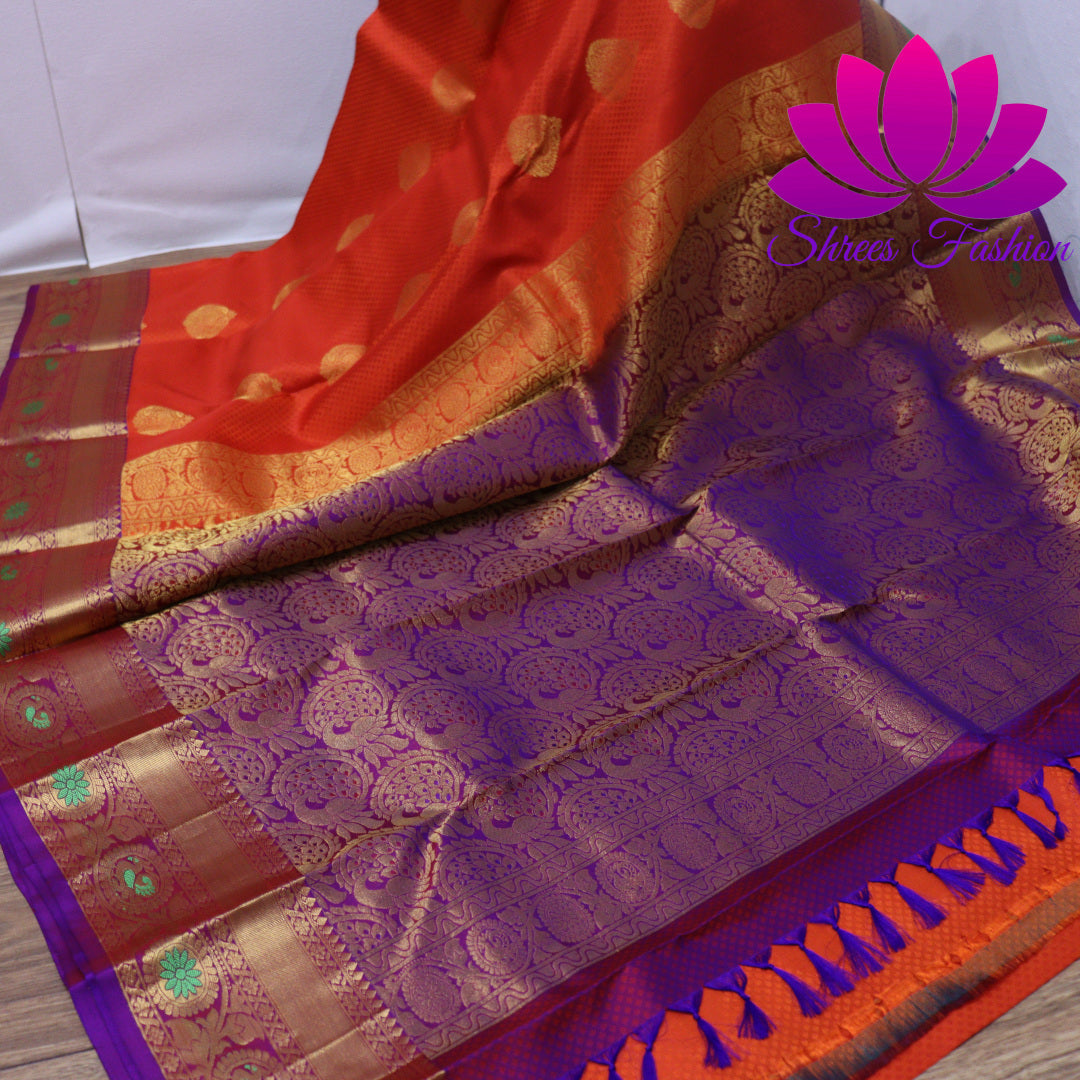 Exquisite Pure Silk Saree in Orange with Violet Pallu | Online Silk Sarees Melbourne - Shrees  Fashion Australia