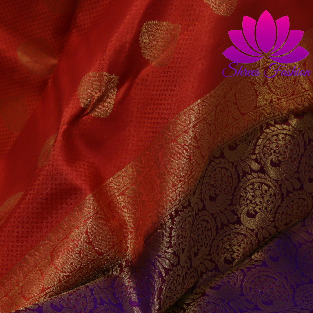 Exquisite Pure Silk Saree in Orange with Violet Pallu | Online Silk Sarees Melbourne - Shrees  Fashion Australia