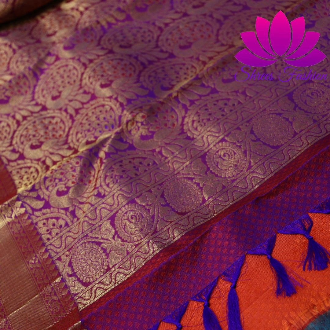 Exquisite Pure Silk Saree in Orange with Violet Pallu | Online Silk Sarees Melbourne - Shrees  Fashion Australia