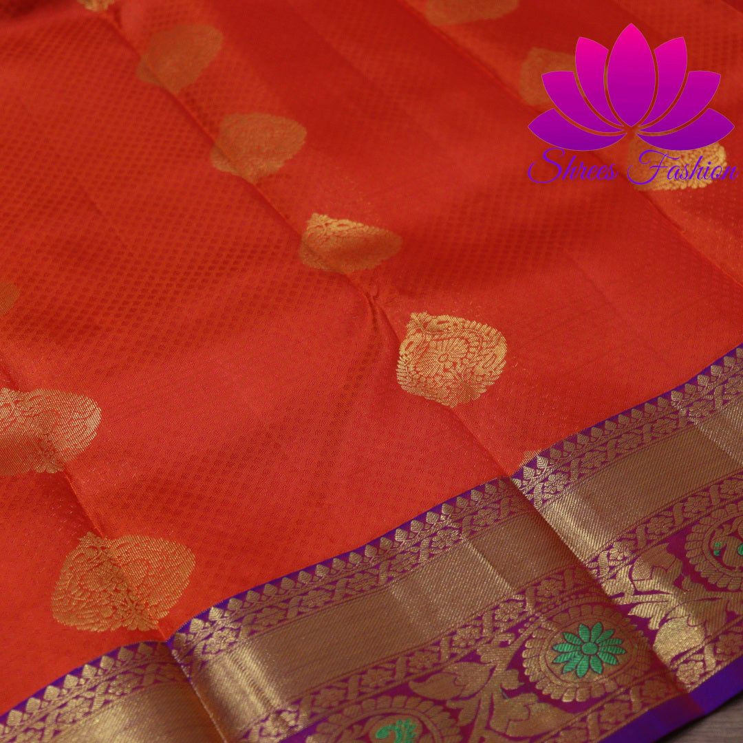 Exquisite Pure Silk Saree in Orange with Violet Pallu | Online Silk Sarees Melbourne - Shrees  Fashion Australia