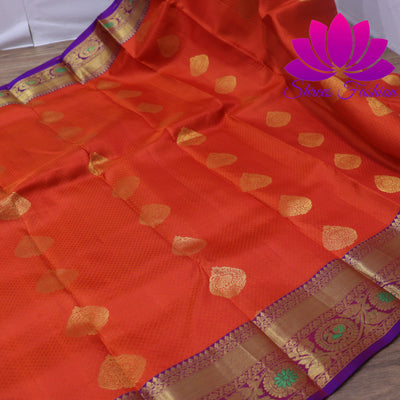 Exquisite Pure Silk Saree in Orange with Violet Pallu | Online Silk Sarees Melbourne - Shrees  Fashion Australia