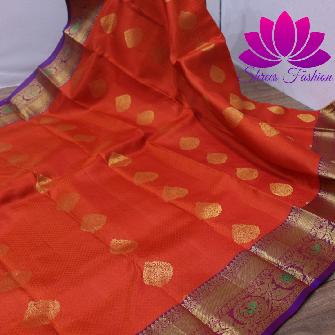 Exquisite Pure Silk Saree in Orange with Violet Pallu | Online Silk Sarees Melbourne - Shrees  Fashion Australia