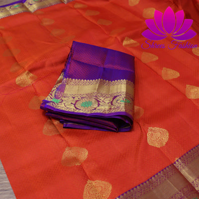 Exquisite Pure Silk Saree in Orange with Violet Pallu | Online Silk Sarees Melbourne - Shrees  Fashion Australia