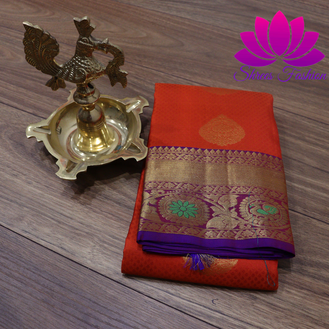 Exquisite Pure Silk Saree in Orange with Violet Pallu | Online Silk Sarees Melbourne - Shrees  Fashion Australia