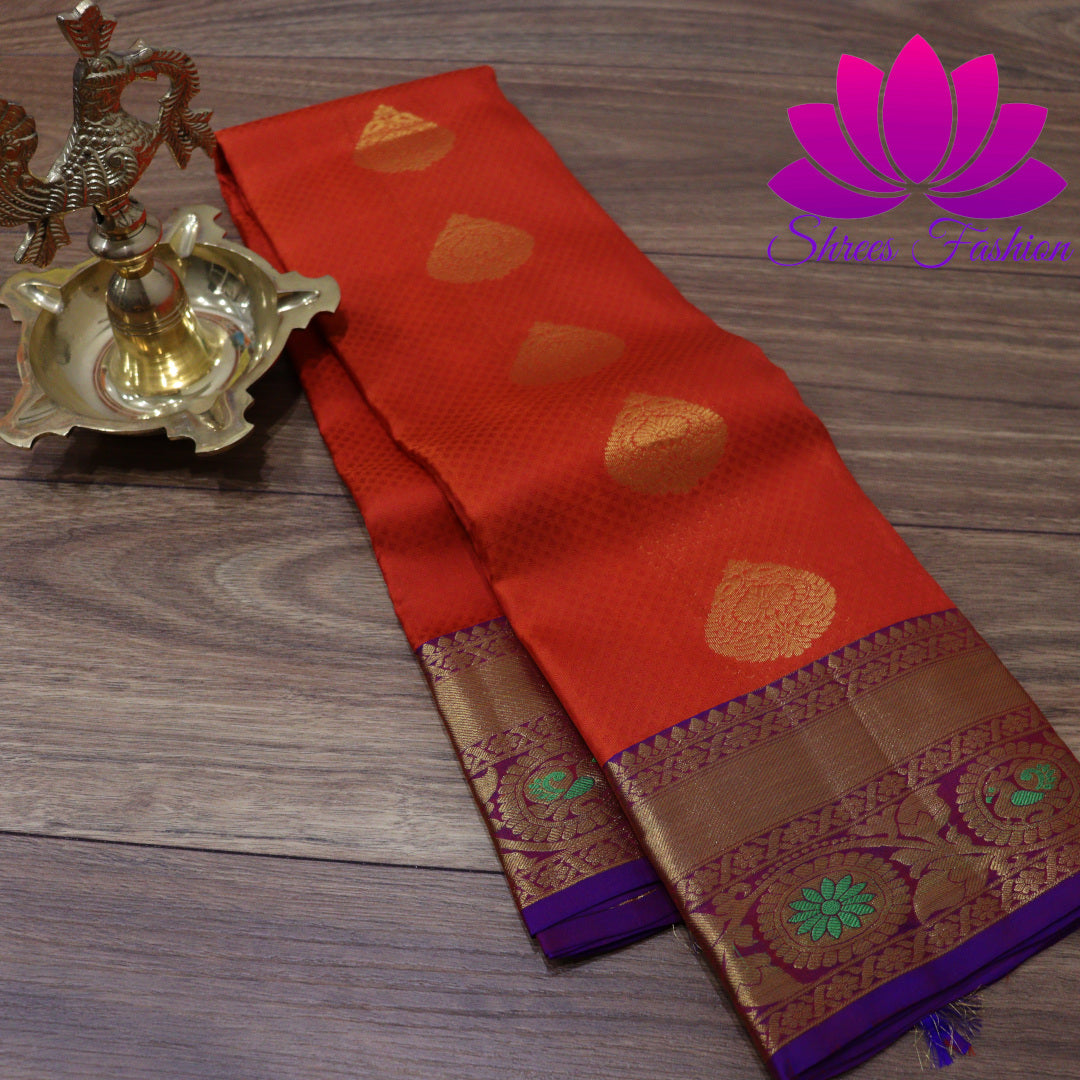 Exquisite Pure Silk Saree in Orange with Violet Pallu | Online Silk Sarees Melbourne - Shrees  Fashion Australia