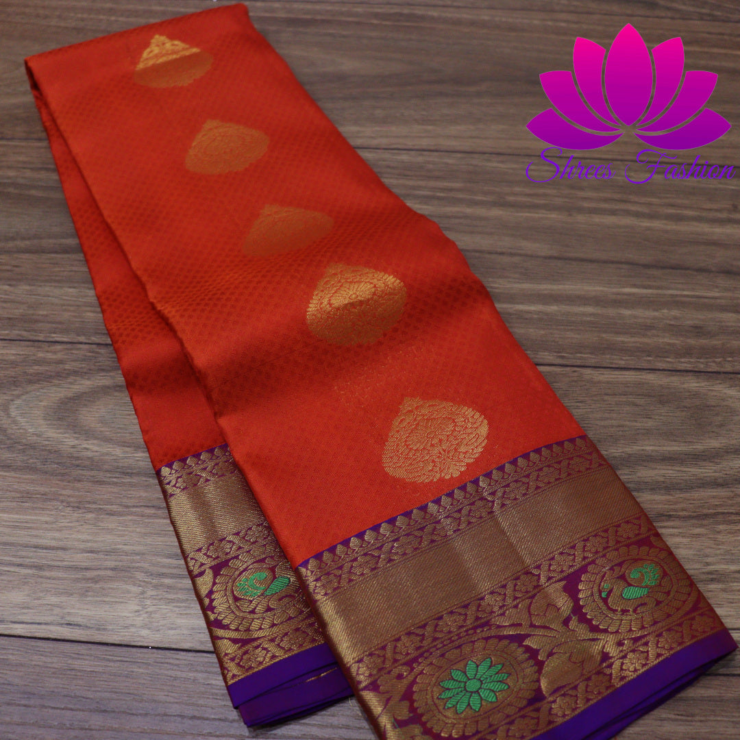 Exquisite Pure Silk Saree in Orange with Violet Pallu | Online Silk Sarees Melbourne - Shrees  Fashion Australia