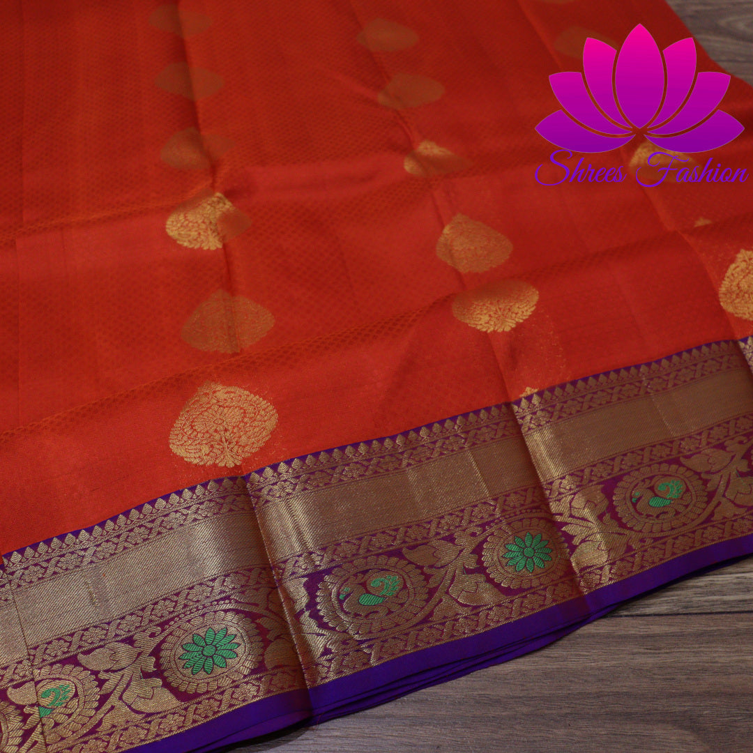 Exquisite Pure Silk Saree in Orange with Violet Pallu | Online Silk Sarees Melbourne - Shrees  Fashion Australia