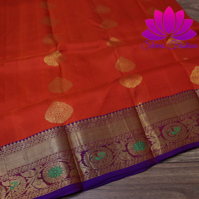 Exquisite Pure Silk Saree in Orange with Violet Pallu | Online Silk Sarees Melbourne - Shrees  Fashion Australia