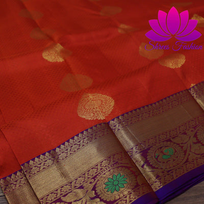 Exquisite Pure Silk Saree in Orange with Violet Pallu | Online Silk Sarees Melbourne - Shrees  Fashion Australia