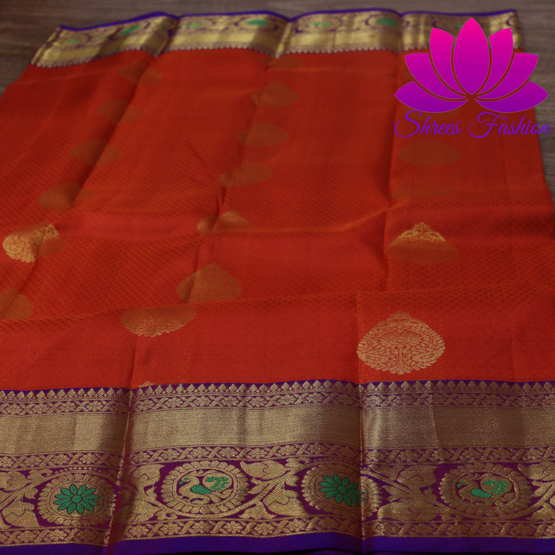 Exquisite Pure Silk Saree in Orange with Violet Pallu | Online Silk Sarees Melbourne - Shrees  Fashion Australia