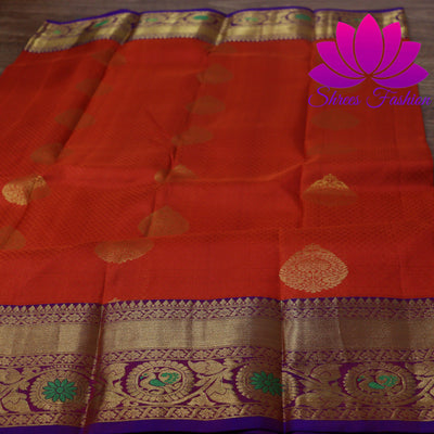 Exquisite Pure Silk Saree in Orange with Violet Pallu | Online Silk Sarees Melbourne - Shrees  Fashion Australia