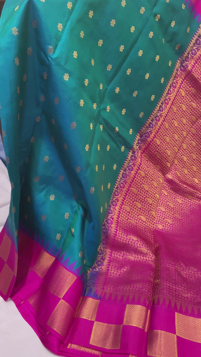 Peacock Blue With Rani Pink Colour Combination Kanchipuram Silk Saree