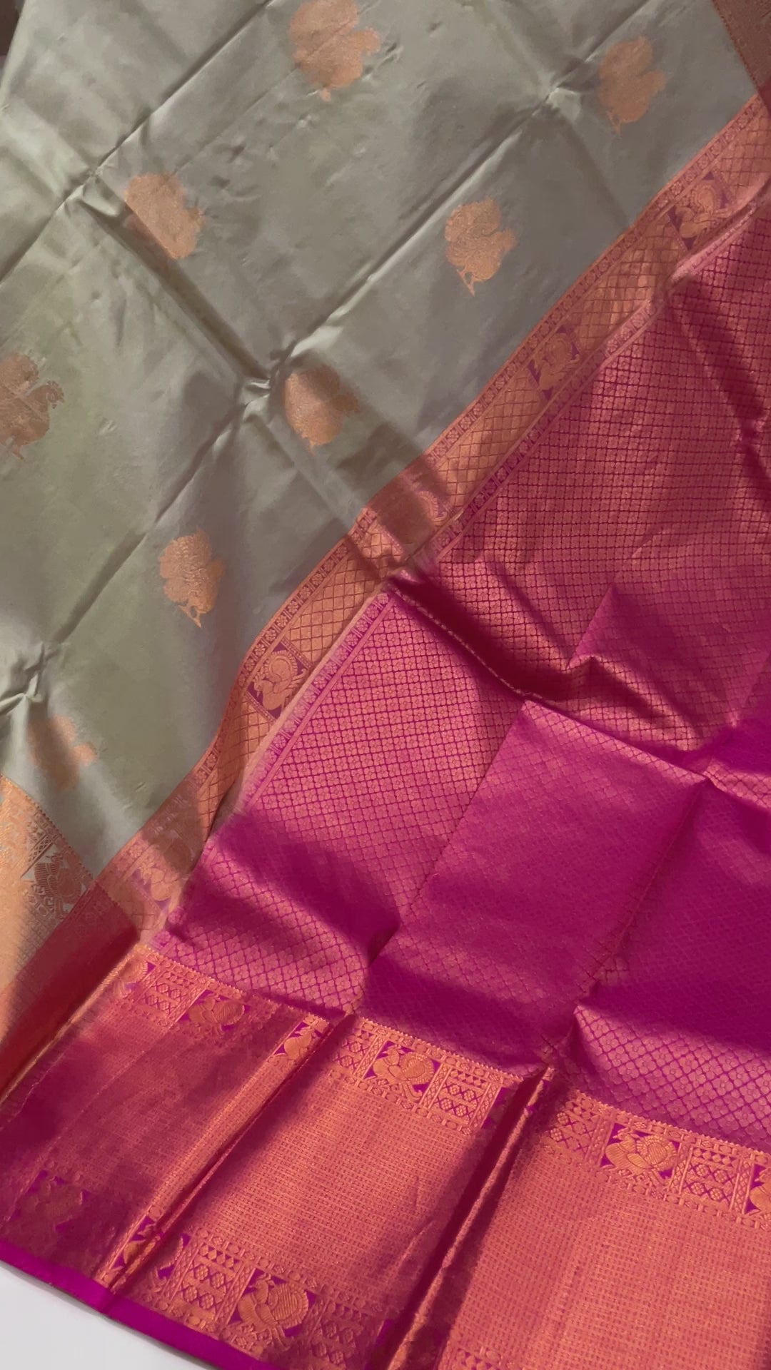 Grey with Rani Pink Copper Zari Butta Design Kanchipuram Silk Saree