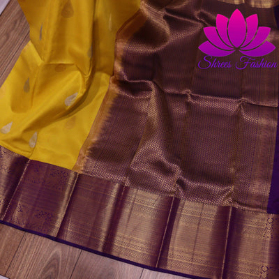 Exquisite Pure Silk Saree in Vibrant Yellow with Violet Pallu | Online Silk Sarees Melbourne | Silk Mark Certified - Shrees  Fashion Australia