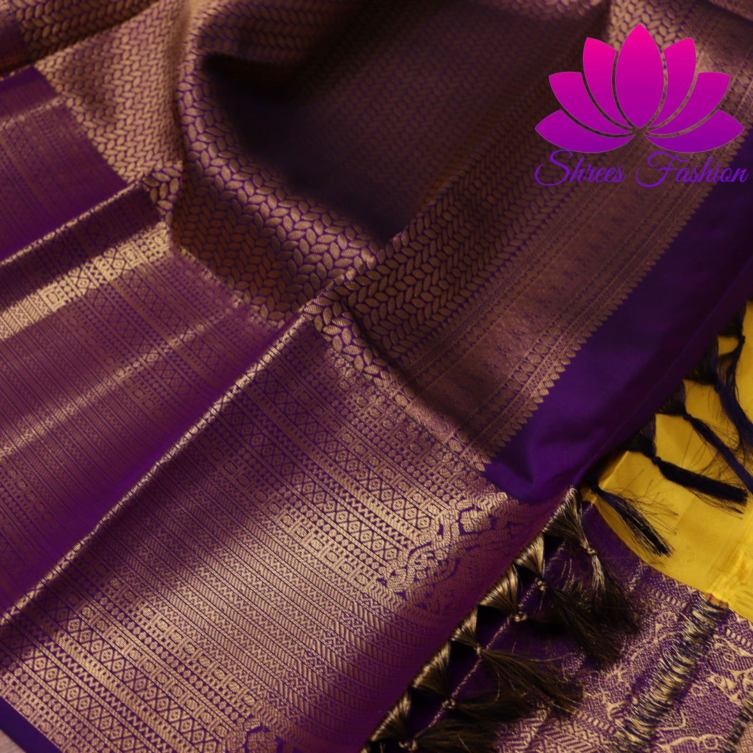 Exquisite Pure Silk Saree in Vibrant Yellow with Violet Pallu | Online Silk Sarees Melbourne | Silk Mark Certified - Shrees  Fashion Australia