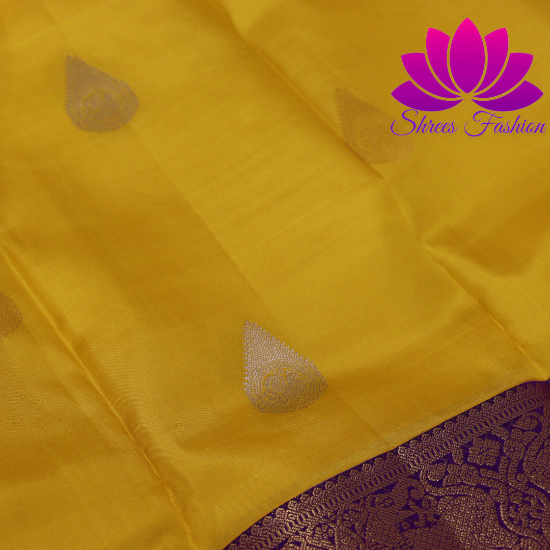 Exquisite Pure Silk Saree in Vibrant Yellow with Violet Pallu | Online Silk Sarees Melbourne | Silk Mark Certified - Shrees  Fashion Australia