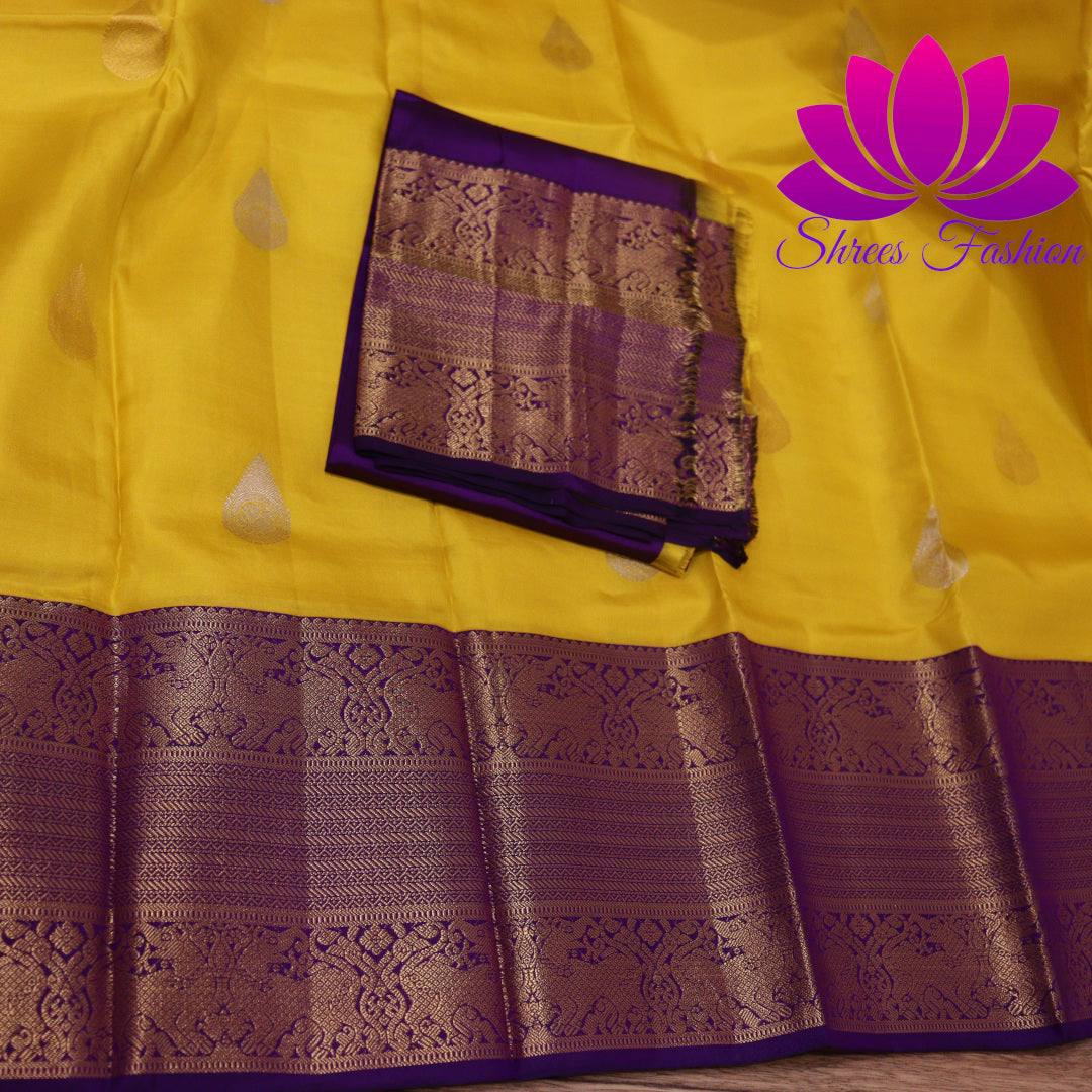 Exquisite Pure Silk Saree in Vibrant Yellow with Violet Pallu | Online Silk Sarees Melbourne | Silk Mark Certified - Shrees  Fashion Australia