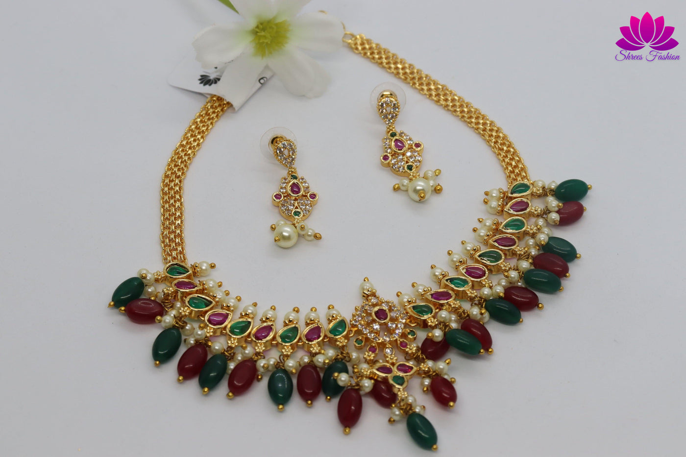 Embellished Colourful Real Kemp With Elegant CZ Stone Choker - Shrees  Fashion Australia