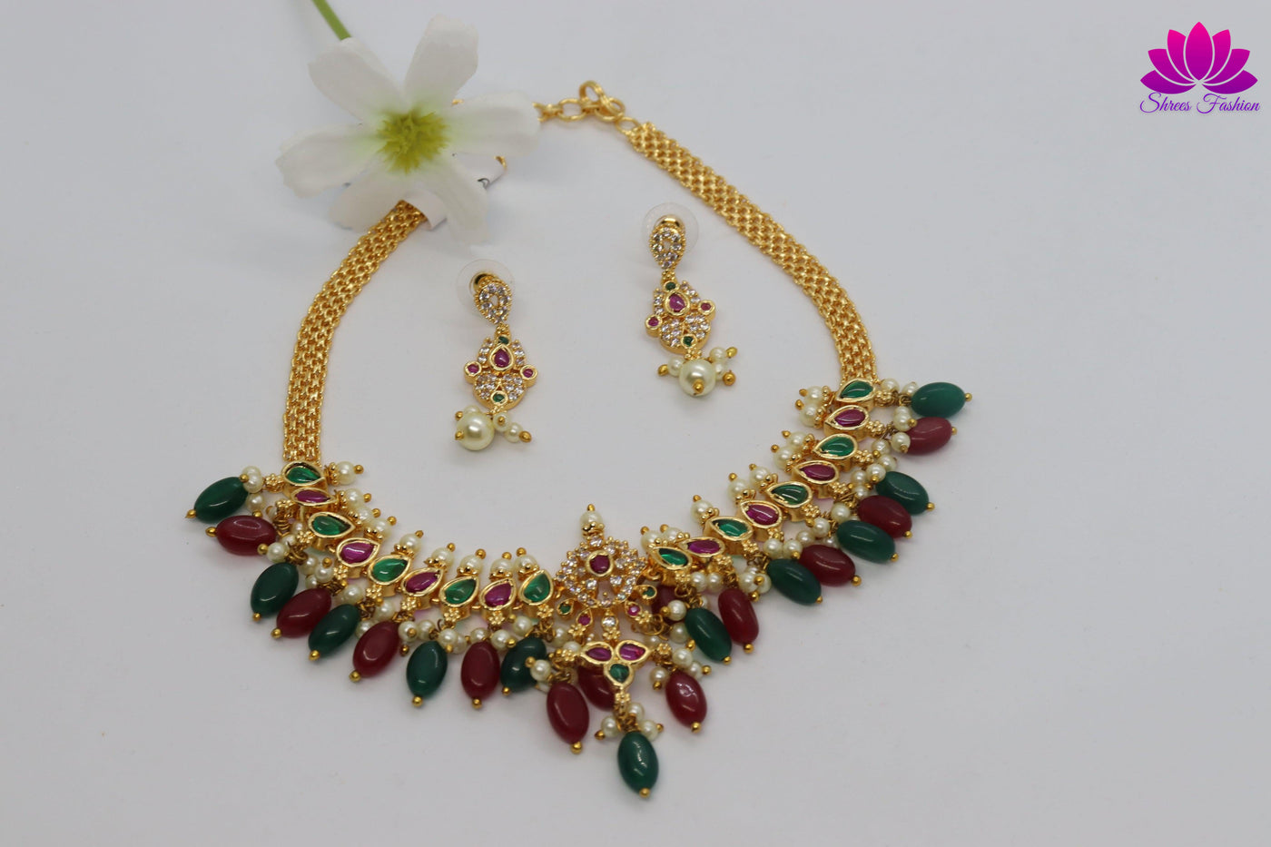 Embellished Colourful Real Kemp With Elegant CZ Stone Choker - Shrees  Fashion Australia