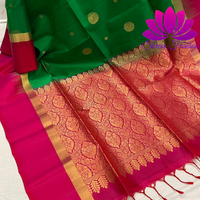 Magnificent Kanchipuram Soft Silk Saree in Green and Pink With Rich Pallu | Pure Silk Saree | Silk Mark India Certified - Shrees  Fashion Australia