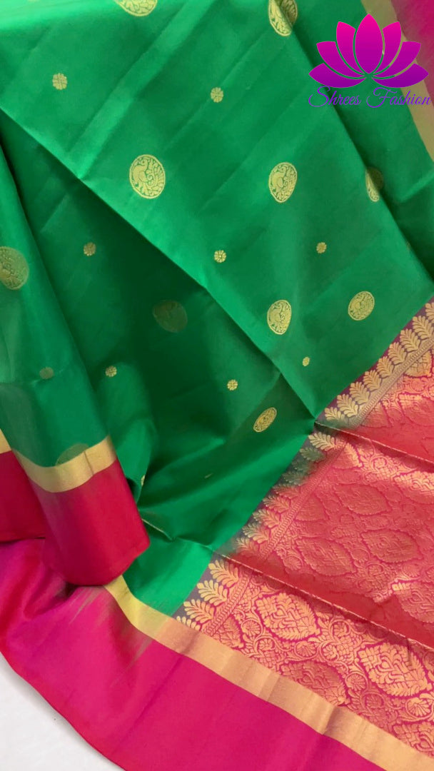 Magnificent Kanchipuram Soft Silk Saree in Green and Pink With Rich Pallu | Pure Silk Saree | Silk Mark India Certified - Shrees  Fashion Australia