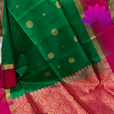 Magnificent Kanchipuram Soft Silk Saree in Green and Pink With Rich Pallu | Pure Silk Saree | Silk Mark India Certified - Shrees  Fashion Australia