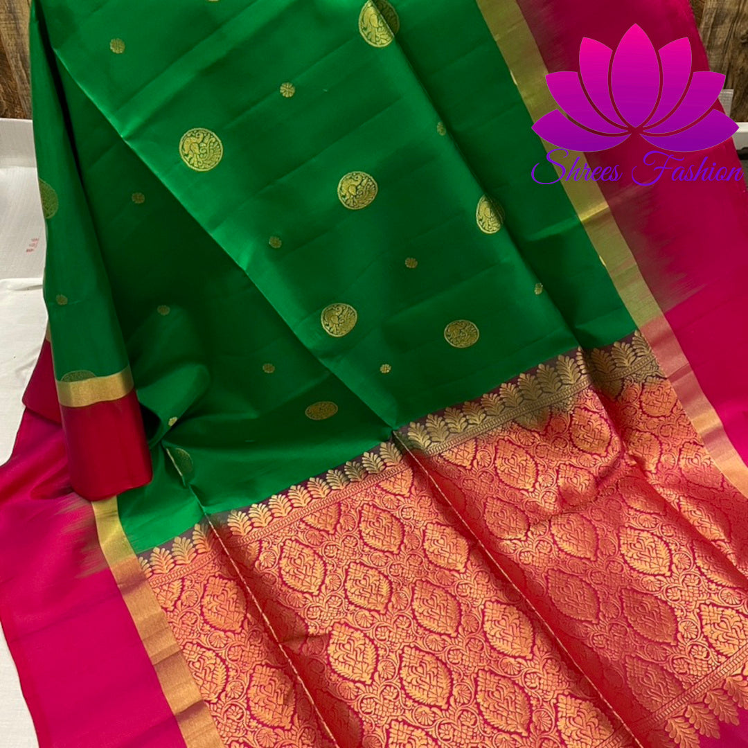 Magnificent Kanchipuram Soft Silk Saree in Green and Pink With Rich Pallu | Pure Silk Saree | Silk Mark India Certified - Shrees  Fashion Australia