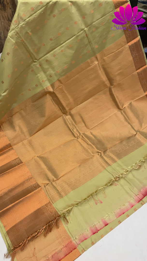 Elachi Green And Red Colour Combination With Copper Zari Design Kanchipuram Silk Saree - Shrees  Fashion Australia