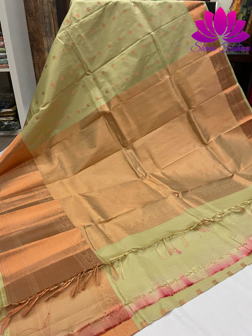 Elachi Green And Red Colour Combination With Copper Zari Design Kanchipuram Silk Saree - Shrees  Fashion Australia