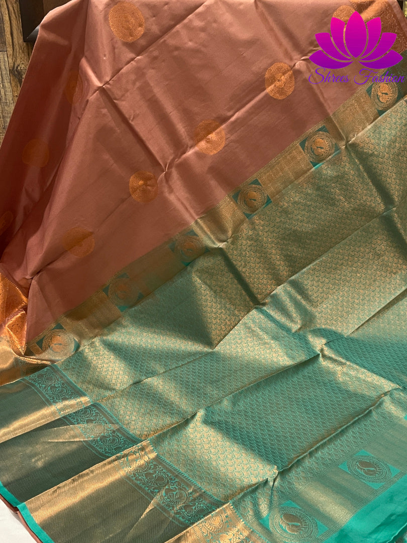 Biscuit Brown with Tiffany Blue Colour Copper Zari | Silk Saree | Silk Mark India Certified - Shrees  Fashion Australia