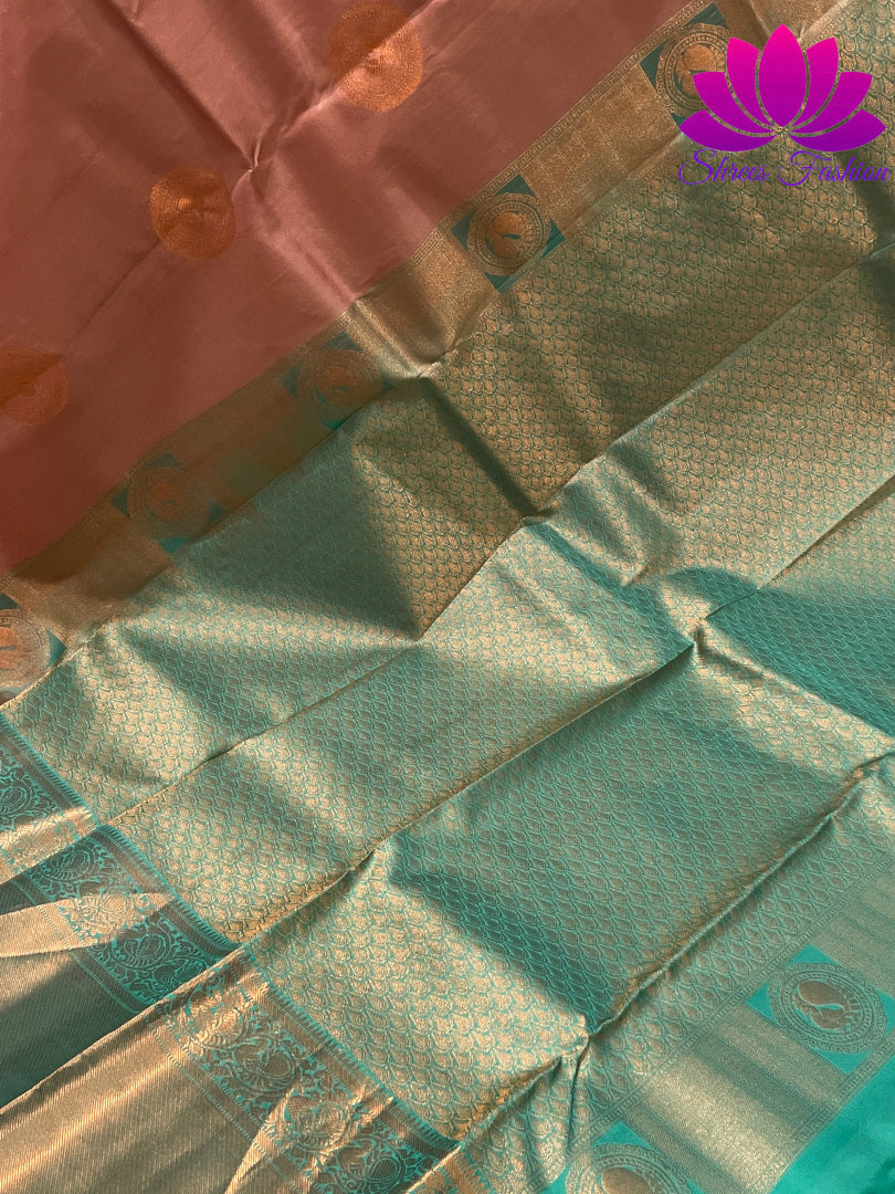 Biscuit Brown with Tiffany Blue Colour Copper Zari | Silk Saree | Silk Mark India Certified - Shrees  Fashion Australia