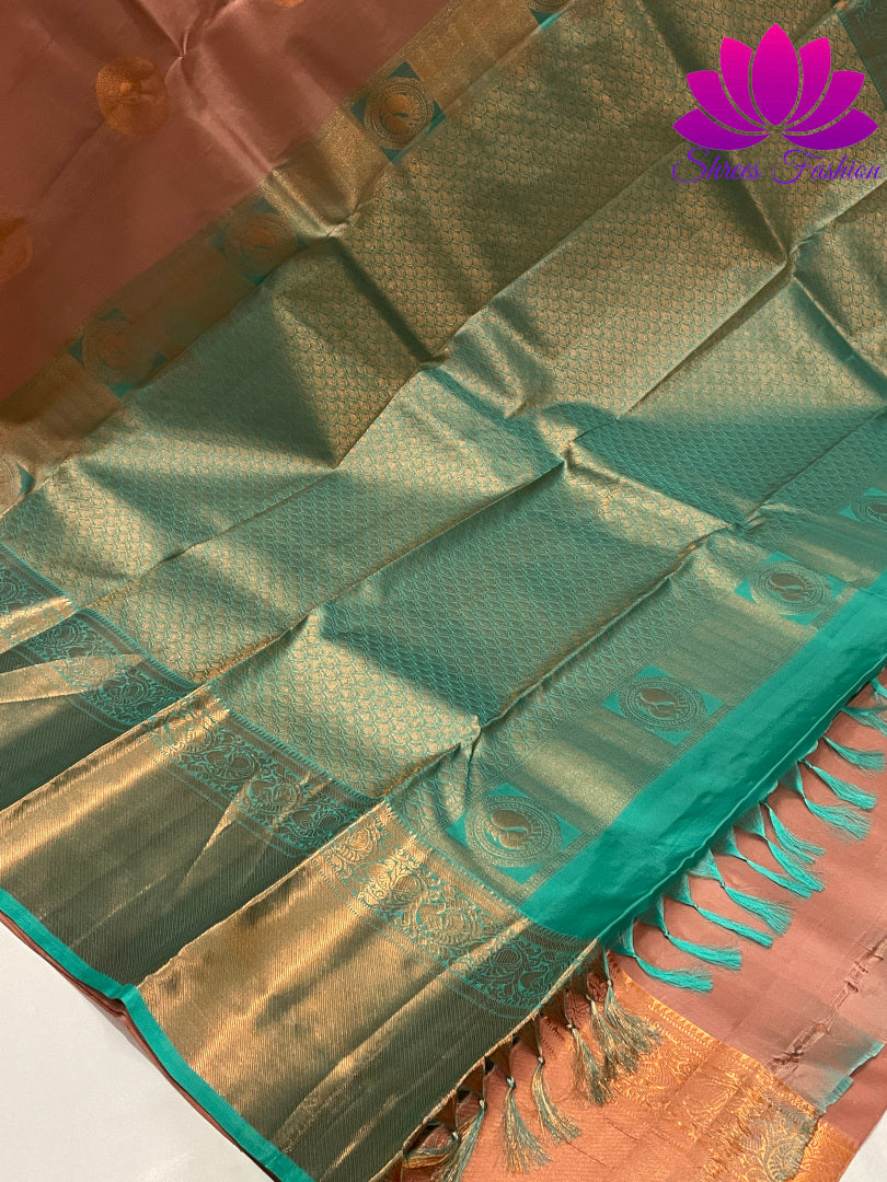 Biscuit Brown with Tiffany Blue Colour Copper Zari | Silk Saree | Silk Mark India Certified - Shrees  Fashion Australia