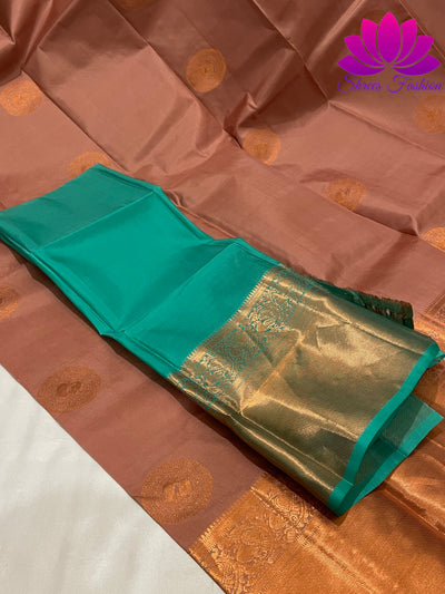 Biscuit Brown with Tiffany Blue Colour Copper Zari | Silk Saree | Silk Mark India Certified - Shrees  Fashion Australia