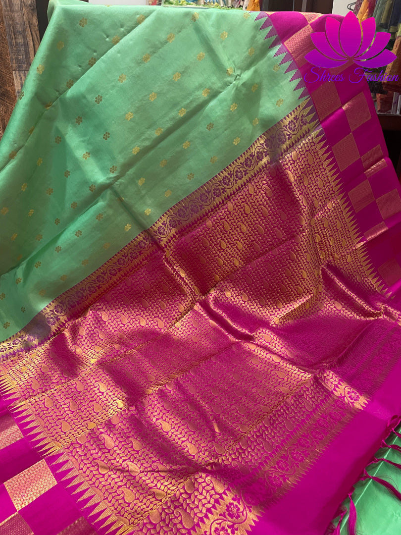 Classic Green With Pink Color Kanchipuram Silk Saree | Silk Mark India Certified - Shrees  Fashion Australia