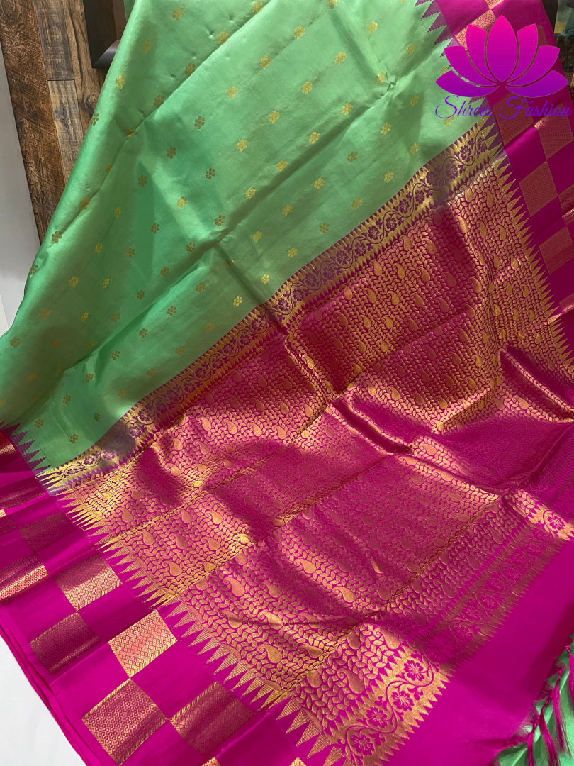 Classic Green With Pink Color Kanchipuram Silk Saree | Silk Mark India Certified - Shrees  Fashion Australia