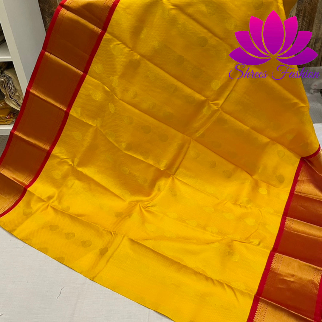 Yellow With Red Traditional colour combinations Silk Saree | Kanchipuram Silk | Silk Mark Certified - Shrees  Fashion Australia