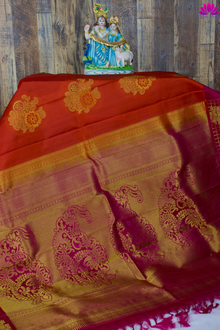 Blood Orange With Rani Pink Silk Saree | Kanchipuram Silk | Silk Mark Certified - Shrees  Fashion Australia