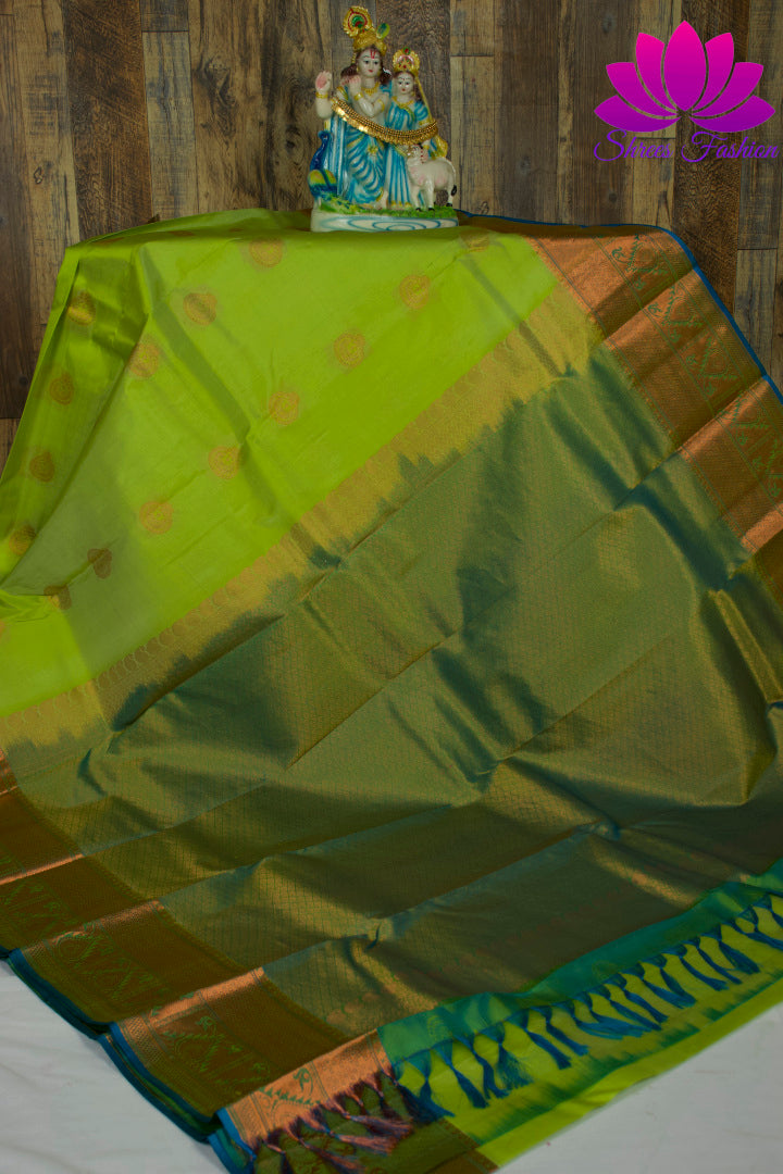 Pastel Green with Cyan| Kanchipuram Silk | Silk Mark Certified - Shrees  Fashion Australia