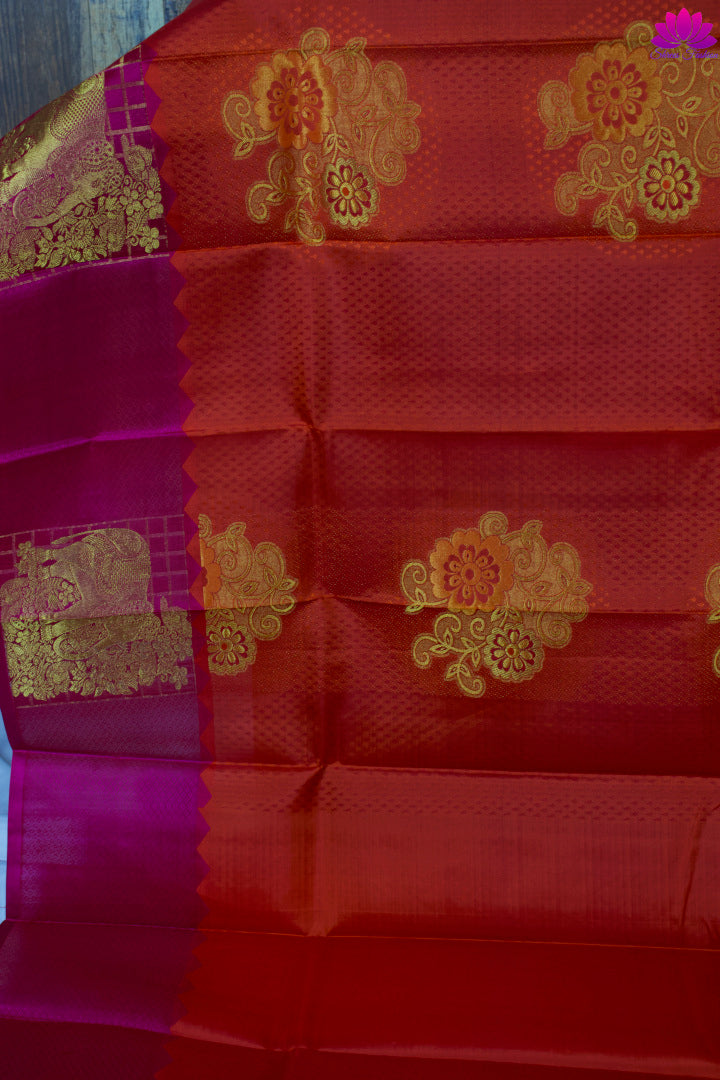 Blood Orange With Rani Pink Silk Saree | Kanchipuram Silk | Silk Mark Certified - Shrees  Fashion Australia