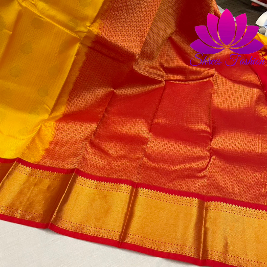 Yellow With Red Traditional colour combinations Silk Saree | Kanchipuram Silk | Silk Mark Certified - Shrees  Fashion Australia