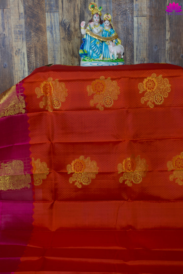 Blood Orange With Rani Pink Silk Saree | Kanchipuram Silk | Silk Mark Certified - Shrees  Fashion Australia