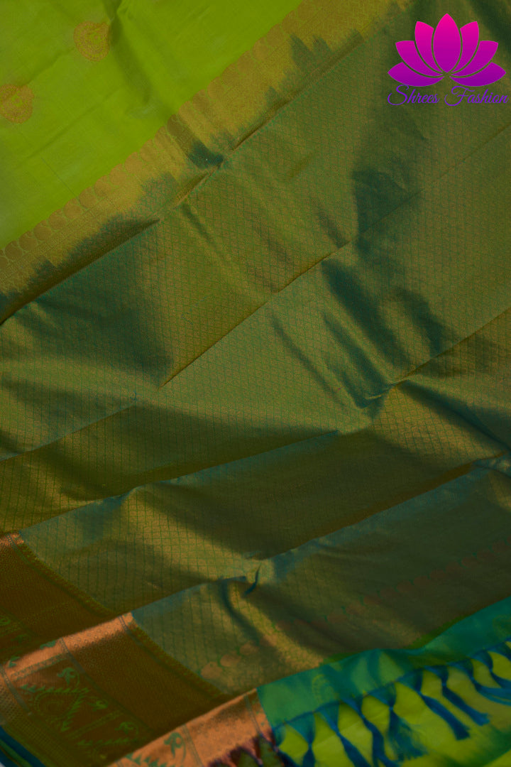 Pastel Green with Cyan| Kanchipuram Silk | Silk Mark Certified - Shrees  Fashion Australia