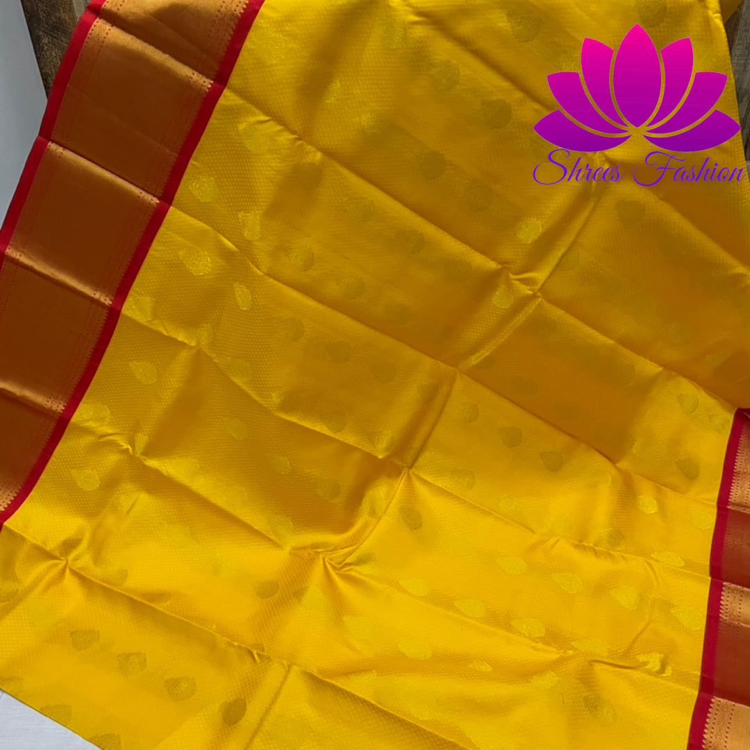 Yellow With Red Traditional colour combinations Silk Saree | Kanchipuram Silk | Silk Mark Certified - Shrees  Fashion Australia