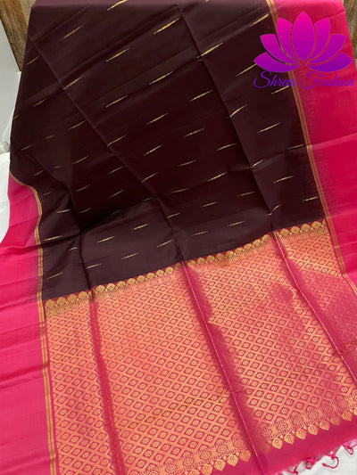 Coffee Brown with Rani Pink Silk Saree | Kanchipuram Silk | Silk Mark Certified - Shrees  Fashion Australia