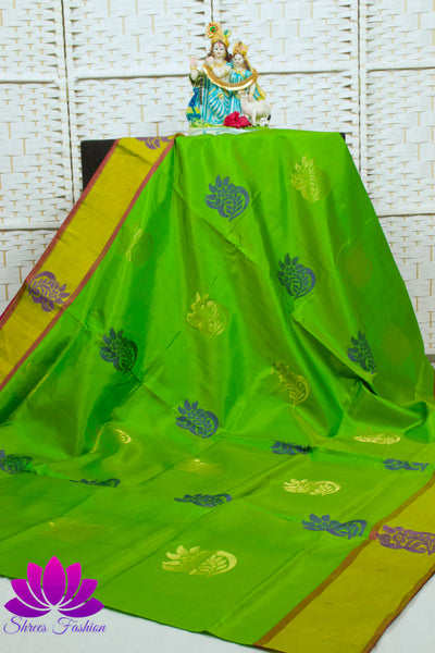 Elegant Parrot Green Kanchipuram Silk Saree with Pink Pallu | Soft Silk | Silk Mark India Certified - Shrees  Fashion Australia